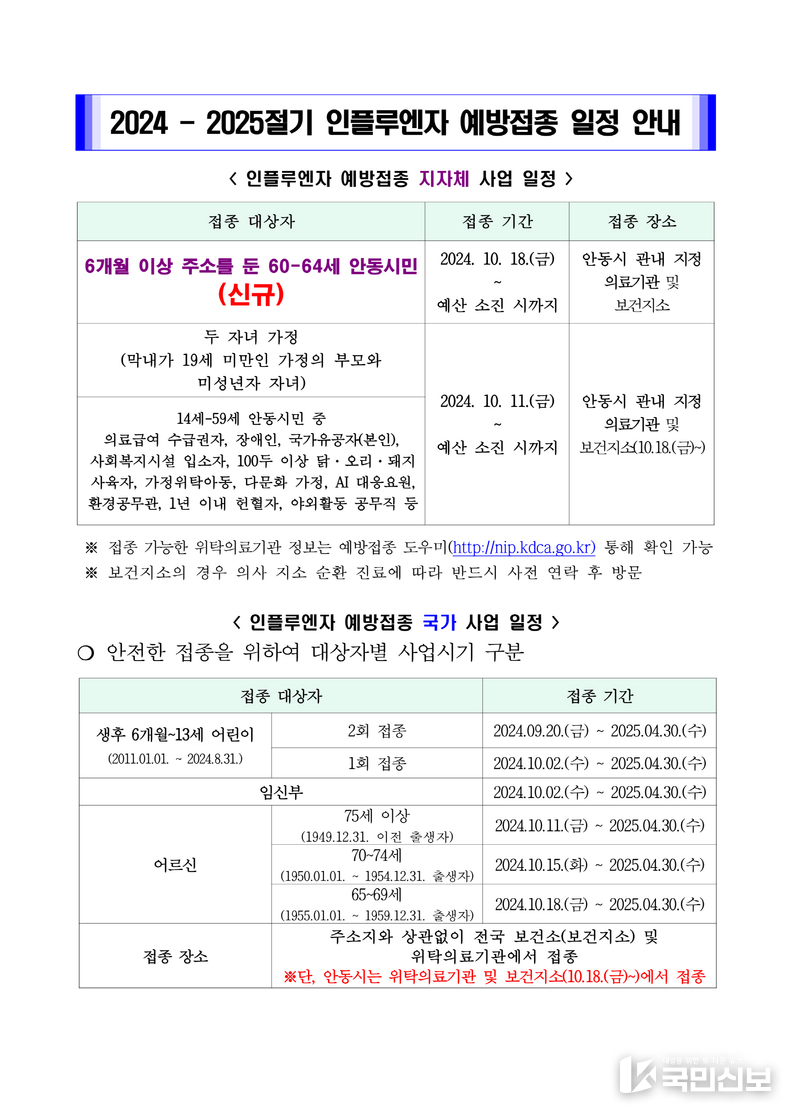 안동시, 60세 이상 인플루엔자(독감) 무료 예방접종.