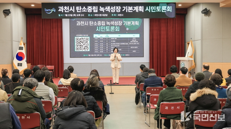과천시가 2025년 1월 개최한 탄소중립 녹색성장 기본계획 수립을 위한 시민토론회에서 신계용 과천시장이 인사말을 하고 있다.
